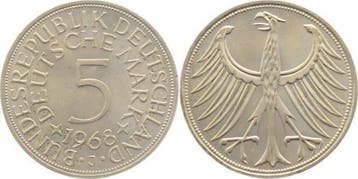 5 Mark Duitsland 5 duitse Mark 1968 J kleiner Randfehler..., Verzenden