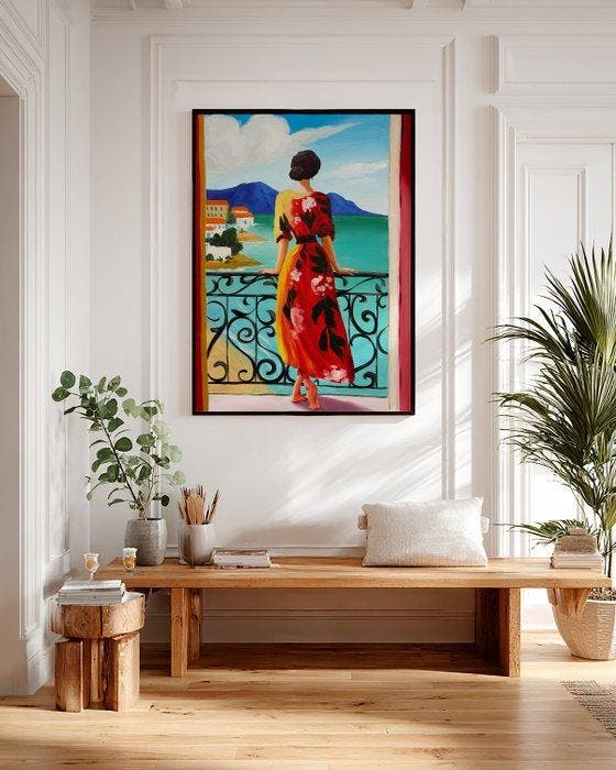 E. García - Dama en el balcón XL (no reserve), Antiquités & Art, Art | Peinture | Moderne