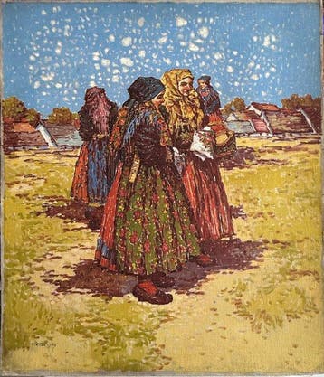 Karel ervenský (XX) - Frauen in Tracht am Dorf Rand