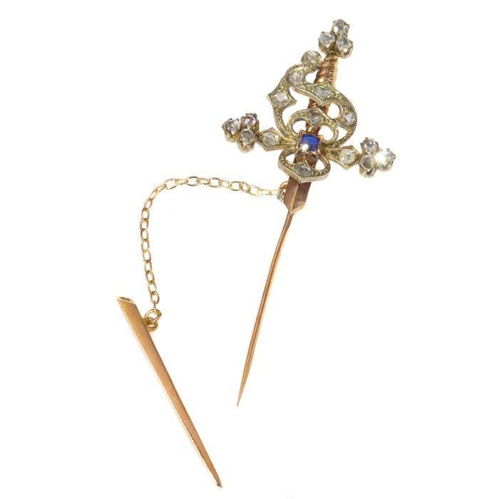 Bijou broche - 18 carats Or rose - 0.15ct. tw. Saphir -, Handtassen en Accessoires, Antieke sieraden
