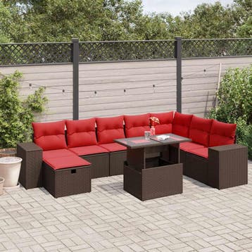 vidaXL 9-delige tuinbankset met kussens, bruin polyrotan, Verzenden, Nieuw