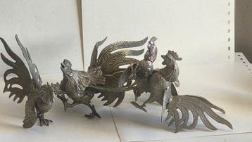 Statuette, Lot de 5 coqs de bruyère en cuivre argenté en