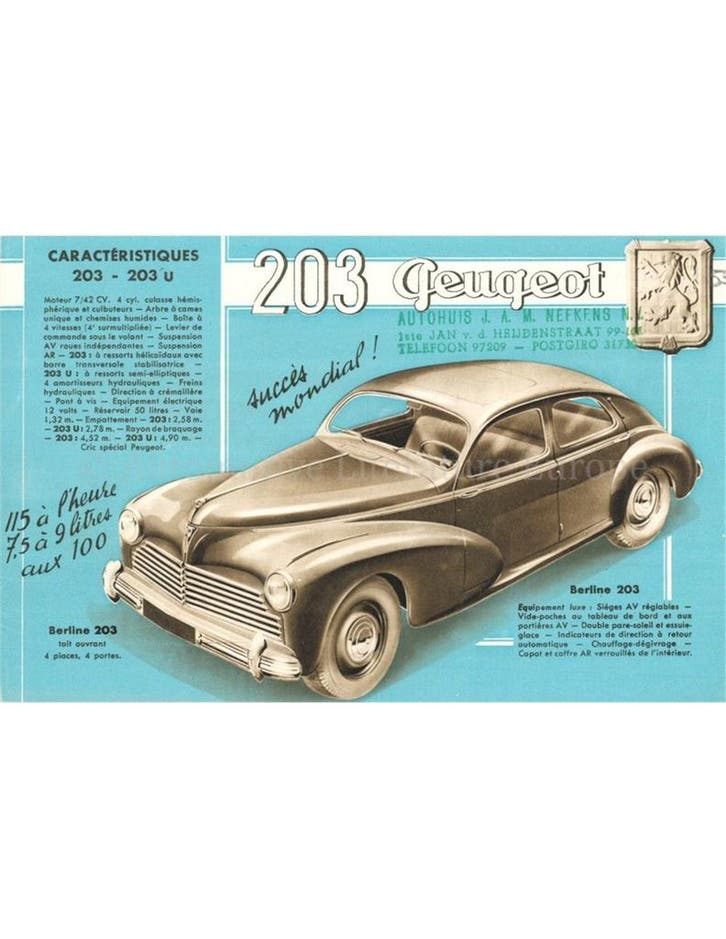 1950 PEUGEOT 203 BROCHURE FRANS, Boeken, Auto's | Folders en Tijdschriften