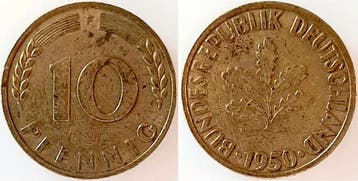 Duitsland 10 Pfennig 1950 Fsehr schoen Messing 4,15 gr, Verzenden