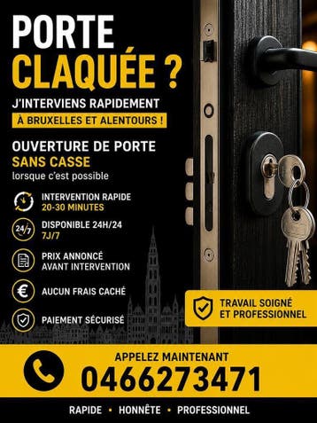 Serrurier Ouverture Porte Maison porte bloquée/claquée BXL