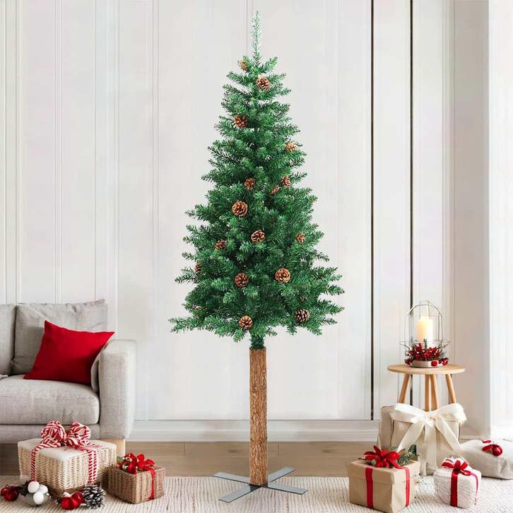 vidaXL Kerstboom met echt hout en dennenappels smal 210 cm, Divers, Noël, Envoi