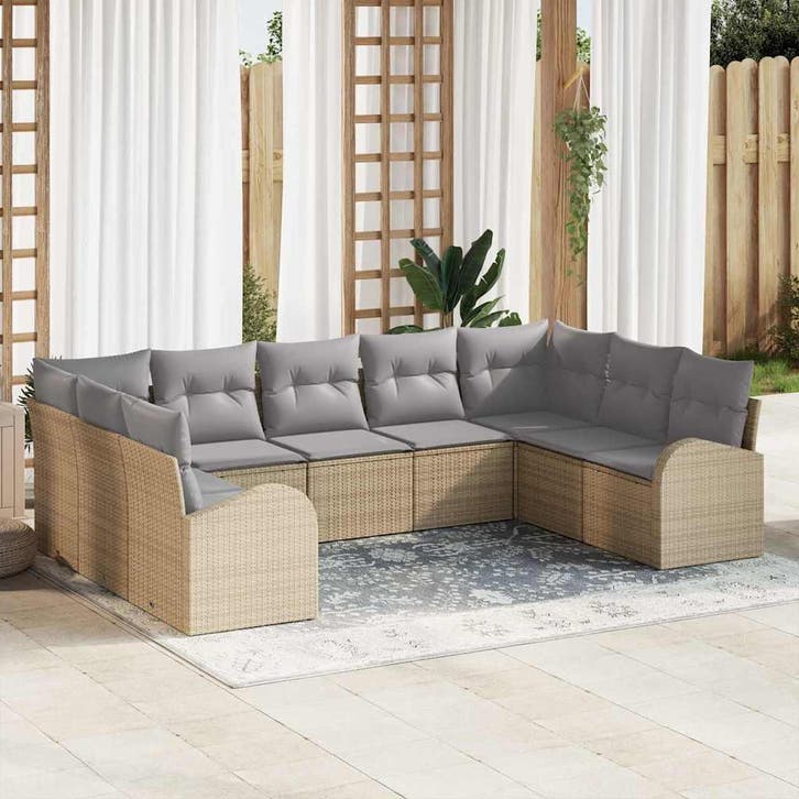vidaXL Bankstel met kussen 9 pcs Beige Poly Riet, Jardin & Terrasse, Ensembles de jardin, Envoi