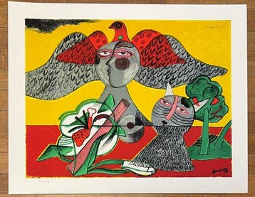 Corneille (1922-2010) - Chat, fleur et oiseau, Antiek en Kunst