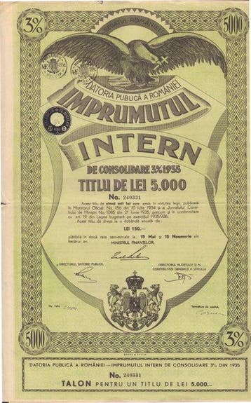 Roemenië. Drie obligaties; totaal 8000 Lei 1935 (Zonder