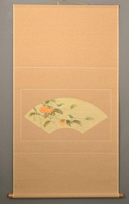 Japanse hangende rol – Vogels en kaki (Kaki) – Kleur op, Antiek en Kunst, Antiek | Overige Antiek