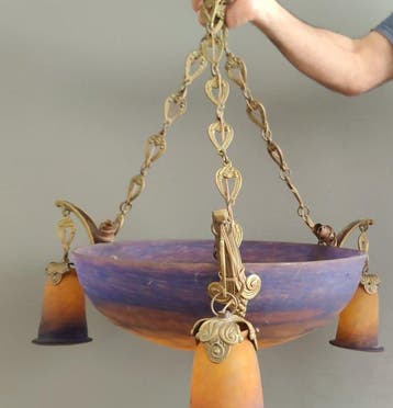 Plafonnier à abat-jour - Verre, Laiton - signé Muller Frères, Antiquités & Art