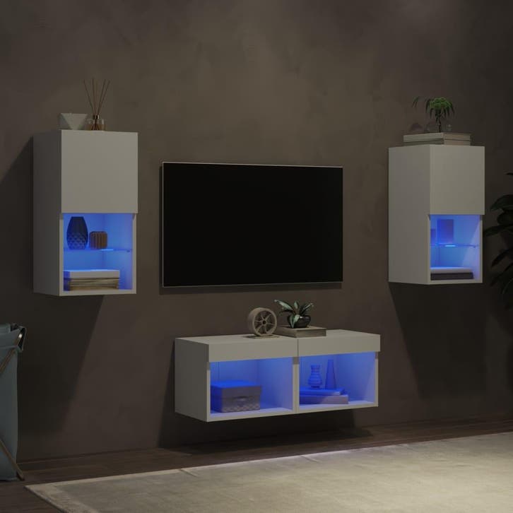 vidaXL 4-delige tv-wandmeubelset met LED-verlichting wit, Maison & Meubles, Armoires | Mobilier de télévision, Envoi
