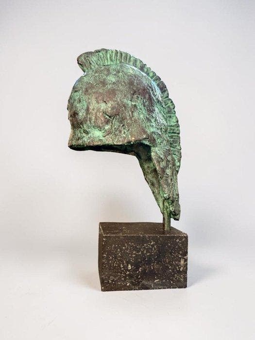 sculptuur, Bronze Spartan Helmet Sculpture on Marble Base -, Antiquités & Art, Antiquités | Céramique & Poterie