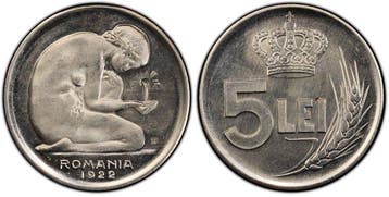 Roemenië. Ferdinand I. 5 Lei 1922-HF / Sch/St 116.1.14 Ni w/