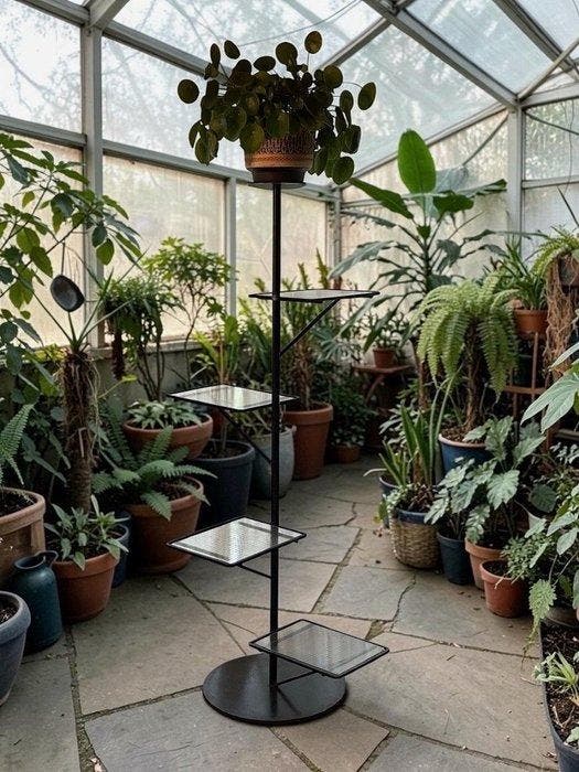 Jardinière - industriële esthetiek - Metaal, Glas - Vintage, Antiek en Kunst, Antiek | Meubels | Tafels