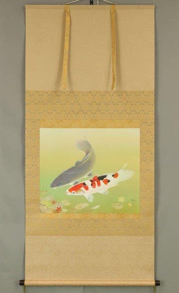 Nishikigoi (Colored Carp) Two Carp, Fallen Leaves Floating