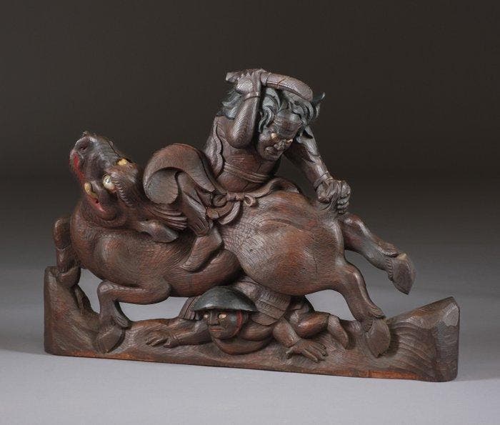 Panneau de traverse en bois sculpté représentant une scène, Antiek en Kunst, Antiek | Overige Antiek
