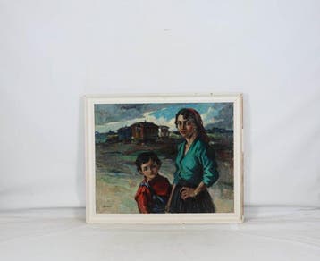 Cornelis de Kort (1910) - Vrouw en kind bij woonwagens, Antiek en Kunst