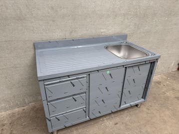 Spoeltafel met schuifdeuren 3 laden 1 bak rechts 140cm, Ophalen of Verzenden, Nieuw in verpakking, Inox Meubilair