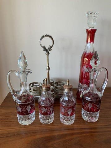 Olie-en-azijnstelletje (6) - Glas, Metaal - Cruet en fles