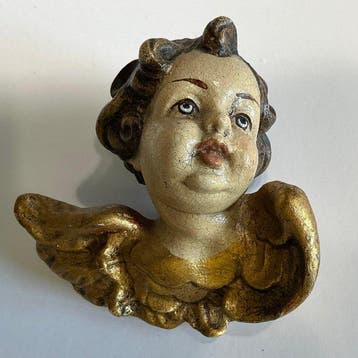sculptuur, 2 Puttoengel - 10 cm - Hout, Goud, gesso - 1890
