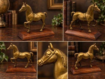 Beeld, Vintage messing paard - 16.5 cm - Messing, Hout