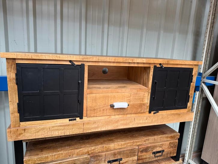 TV-dressoir, mangohout (nieuw, A-keuze), Huis en Inrichting, Kasten |Televisiemeubels, Nieuw, Overige houtsoorten, Metaal
