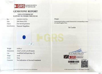 Bleu Saphir - 4.98 ct - GRS (Laboratoire Gem Research Swiss)
