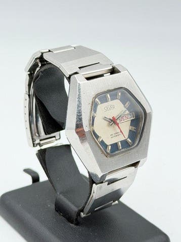 silver - asymmetric diver vintage swiss made automatic -