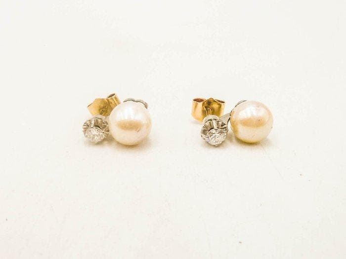 Boucles doreilles - 18 carats Or jaune Perle - Diamant, Handtassen en Accessoires, Oorbellen