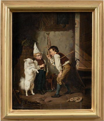 German school (XIX) - Two children training a dog