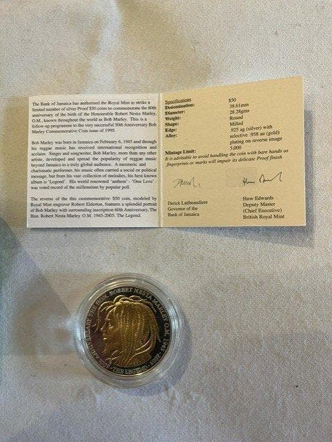 Jamaica. 50 Dollars 2005, Bob Marley 60th Anniversary, Timbres & Monnaies, Monnaies | Europe | Monnaies non-euro