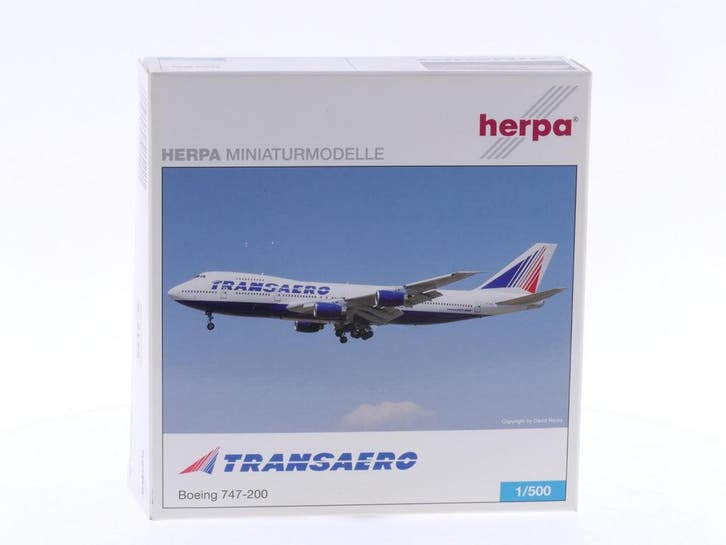 Schaal 1:500 Herpa 515221 Transaero - Boeing 747-200 Reg...., Hobby en Vrije tijd, Modelbouw | Vliegtuigen en Helikopters, Gebruikt
