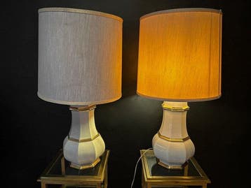 Lampe de table - Verre laiteux et laiton - Paire de lampes