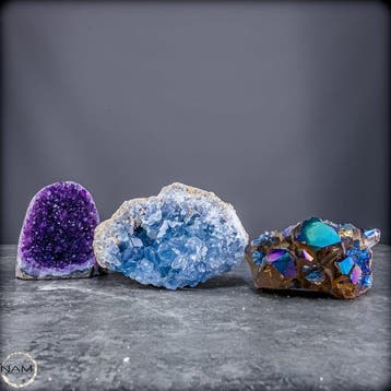 Drusen-set van amethist, celestiet & aura-kwarts –