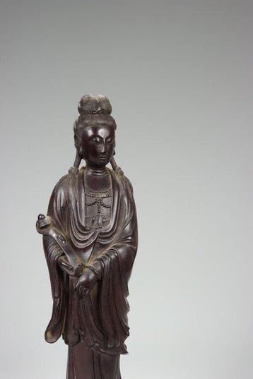 Antique Boxwood Guanyin on Waves – Deep Bronze-Tone Patina,