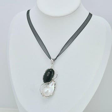 Onyx - Zilver - Ketting met hanger - Barokparel en onyx