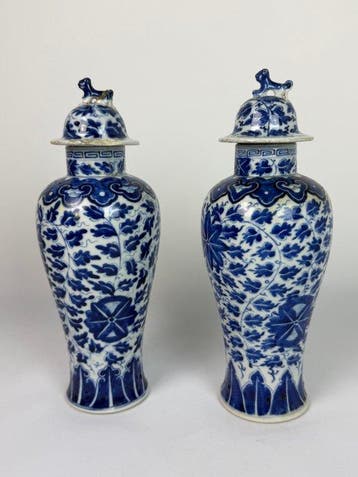 Paar blauw-witte vazen met deksels en sierlijke