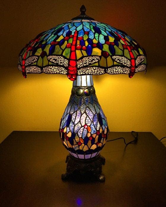 Tiffany stijl tafellamp Studio BLUE DRAGONFLY lamp met, Antiquités & Art, Art | Objets design