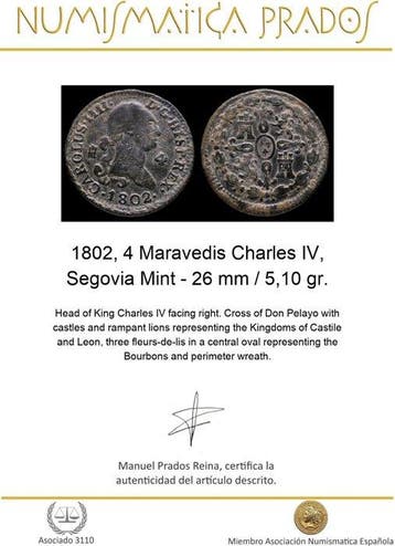 Spanje. Carlos IV. 4 Maravedís 1802 Segovia Mint (Zonder
