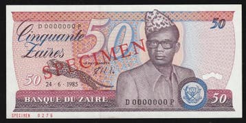 Zaire Pick 28 s 50 Zaires Exemplar 24/06/1985, Verzenden, België