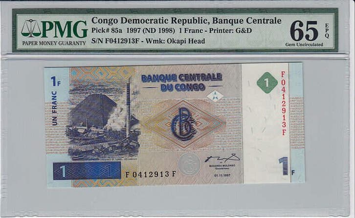 1997 Congo Democratic Republic 1 Franc Pick 85a Pmg Gem U..., Postzegels en Munten, Bankbiljetten | Europa | Niet-Eurobiljetten