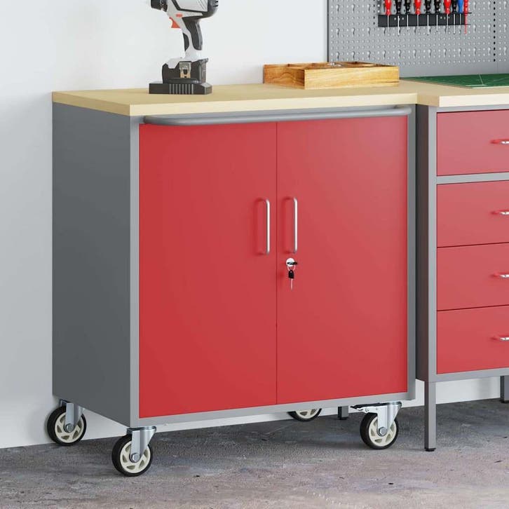 vidaXL Werkbank Rood en Grijs 75 x 45 x 85 cm Engineered, Doe-het-zelf en Bouw, Gereedschapskisten, Nieuw, Verzenden