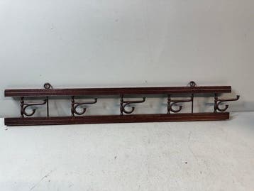 Kapstok - Vintage Houten Kapstok met 5 Gietijzeren Haken –