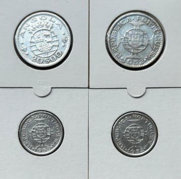 Portugees Angola. 10 e 20 Escudos 1952 & 1955 (2 moedas), Postzegels en Munten