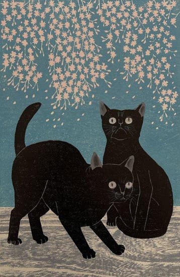 Cat and Sakura - Nishida Tadashige  (b 1942) - Japan