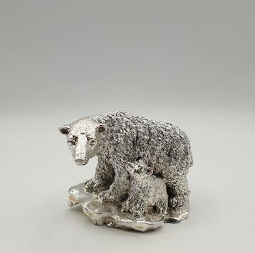 Mamma orsa con cucciolo rivestita in Argento - Beeldje - Met