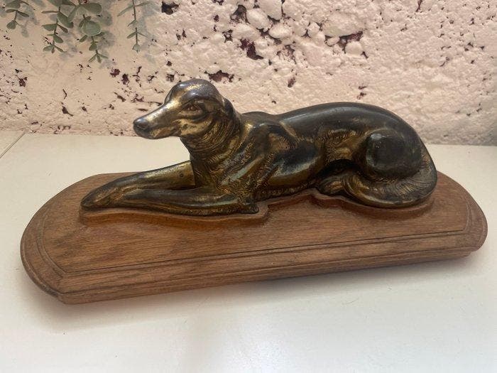sculptuur, Lévrier couché - 29 cm - Hout, Zinklegering, Antiquités & Art, Curiosités & Brocante