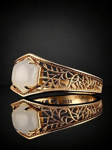 Nephriet-edelsteenring - 925 zilver - Weelderig ontwerp, Antiek en Kunst