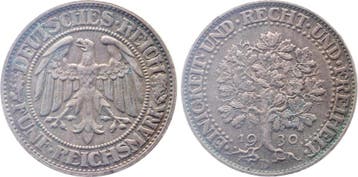 Duitsland 5 Reichsmark 1930 D Eichbaum vorzueglich J 331..., Verzenden, België